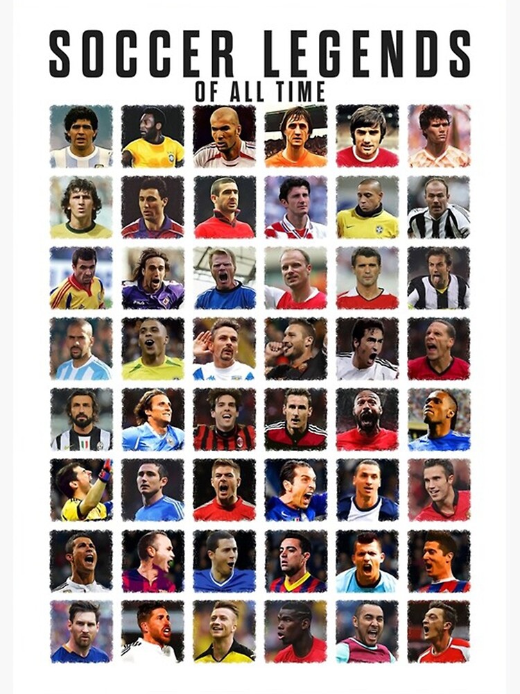 A collage of iconic soccer players from different eras including Pelé and Maradona.